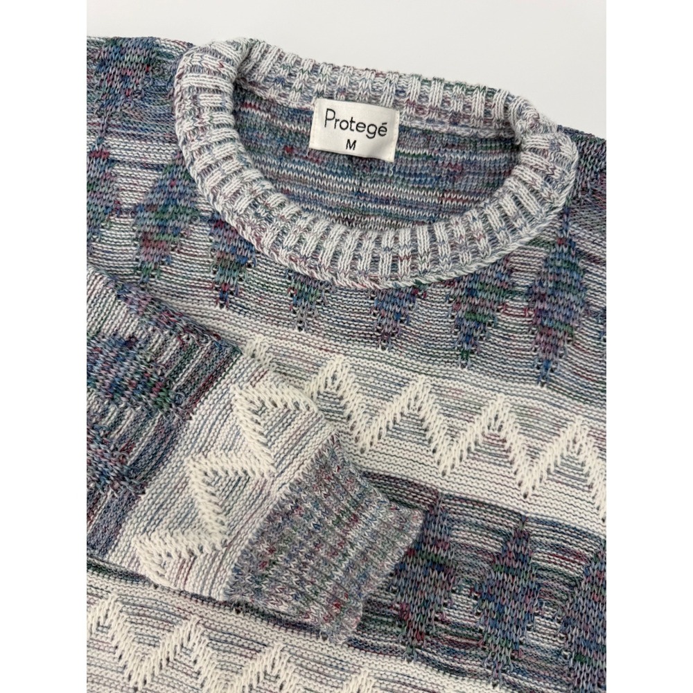 Vintage Protege Sweater Mens Medium Blue Purple Geometric 3D Knit 90s Made USA